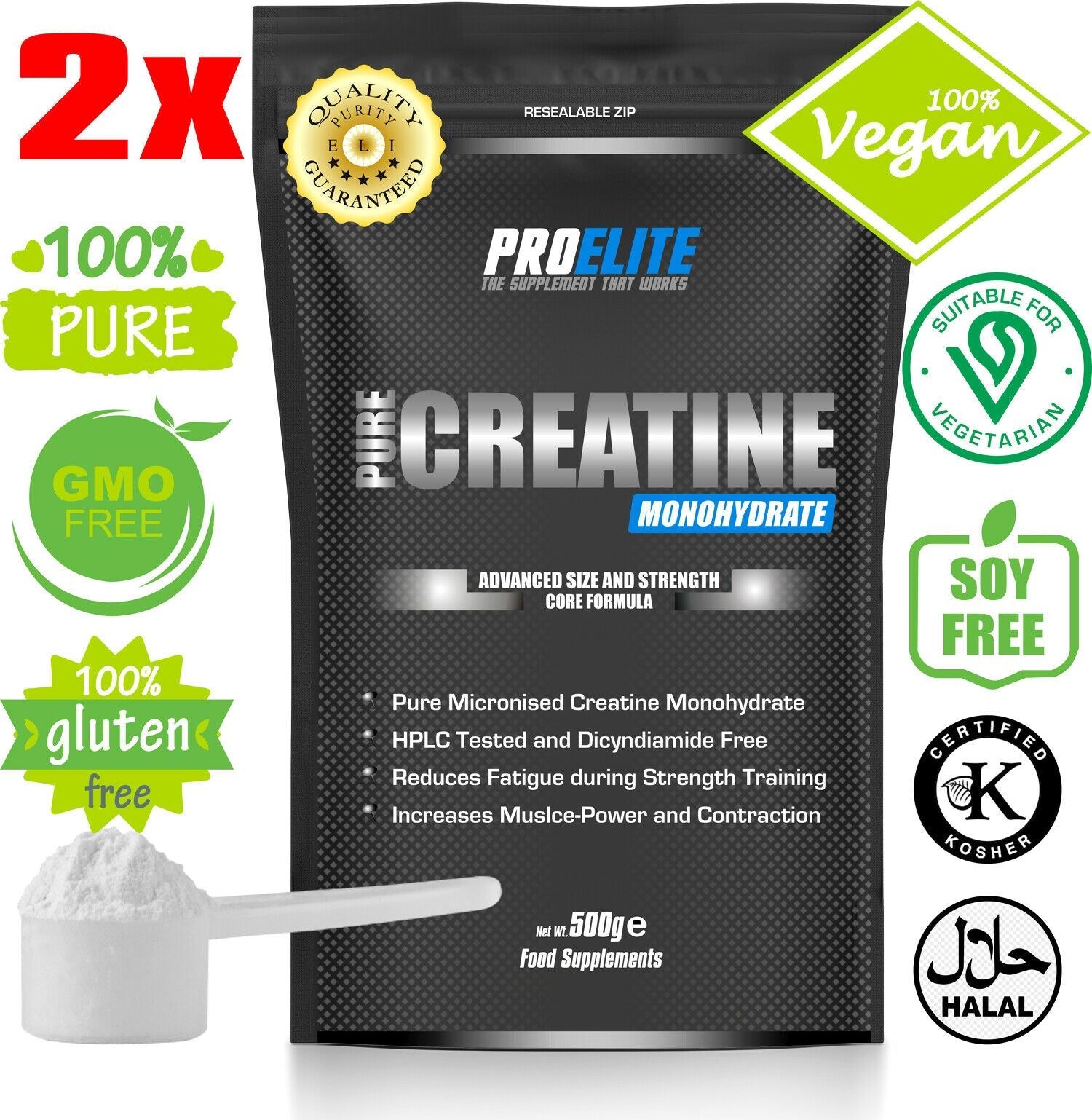 Pro-Elite Pure Creatine Monohydrate 500g x 2 = 1KG Powder